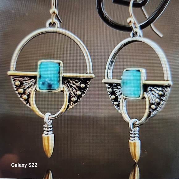 Modern Art Deco Bullet Inlaid Design Synthetic Blue Gems Drop Earrings NWT - Picture 8 of 8